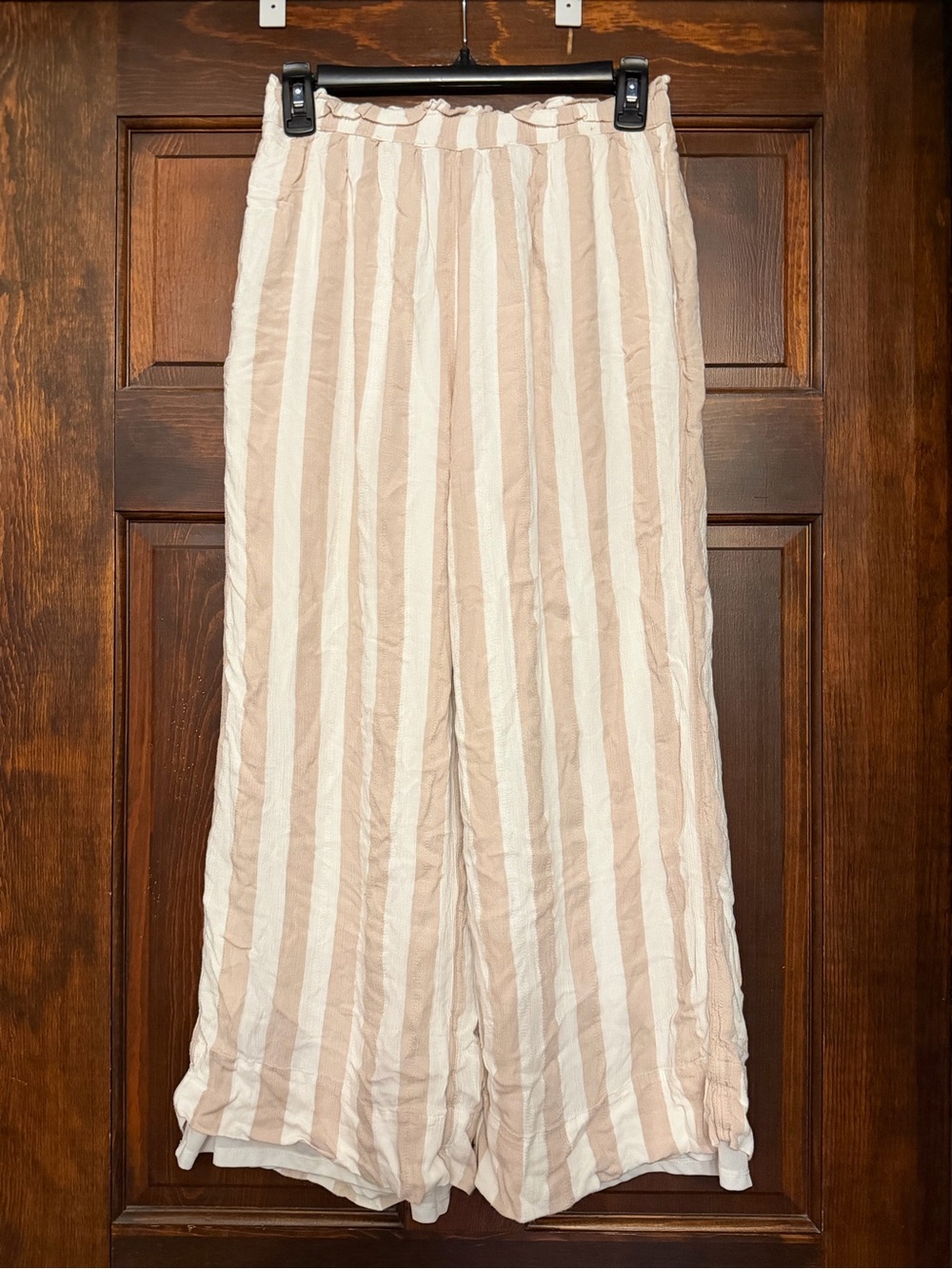 American Eagle Tan White Striped Wide Leg Pants Elastic Waist Lined Size Medium